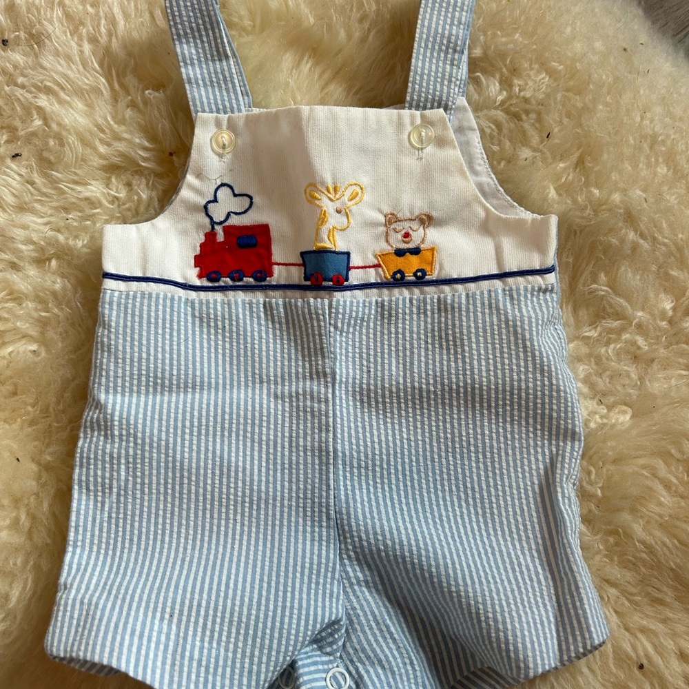 Baby Blue Seersucker Train Embroidered Shortalls